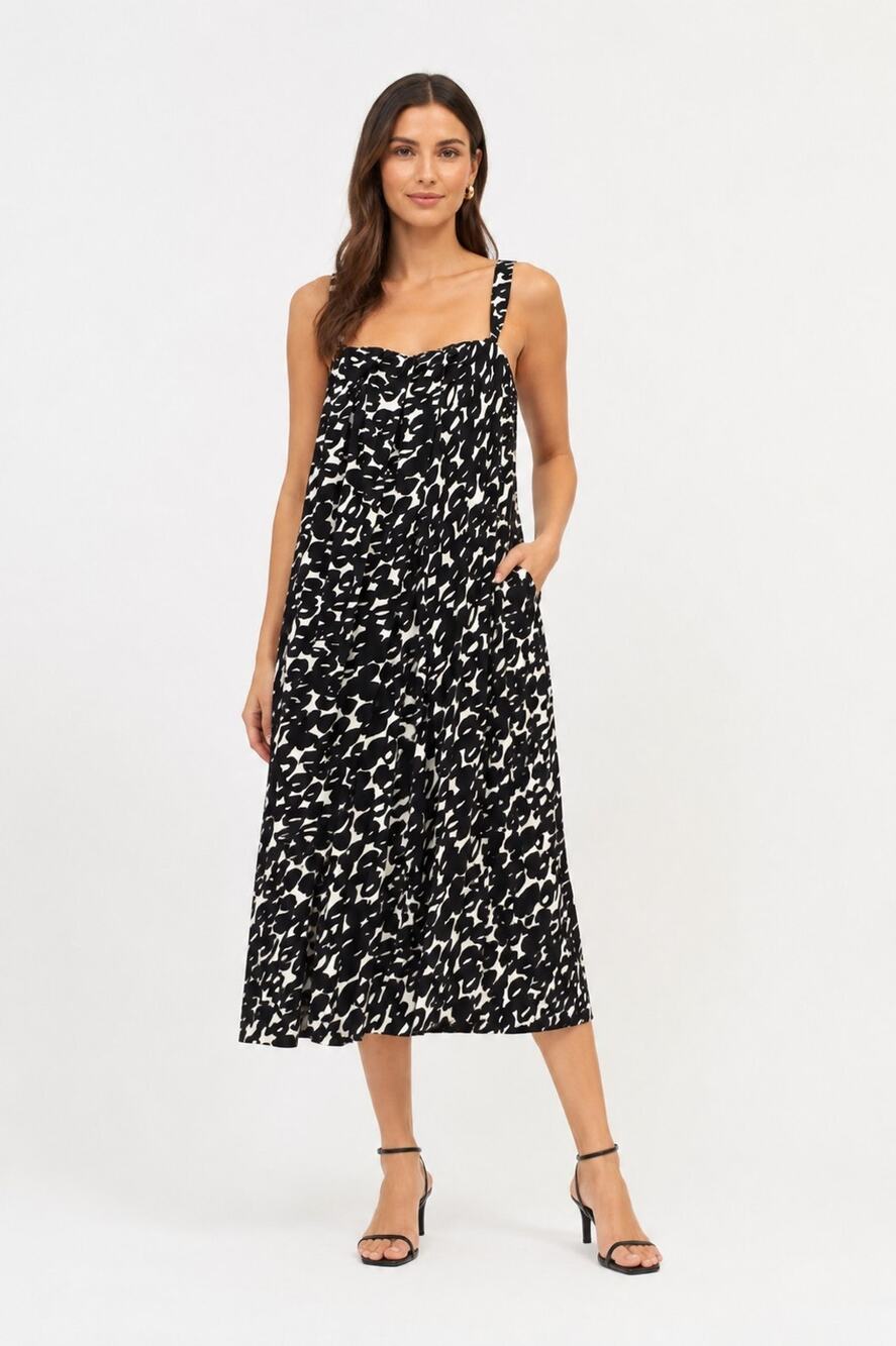 Max Mara Black White Abstract Print Strappy Midi Dress Sz 8 Silk